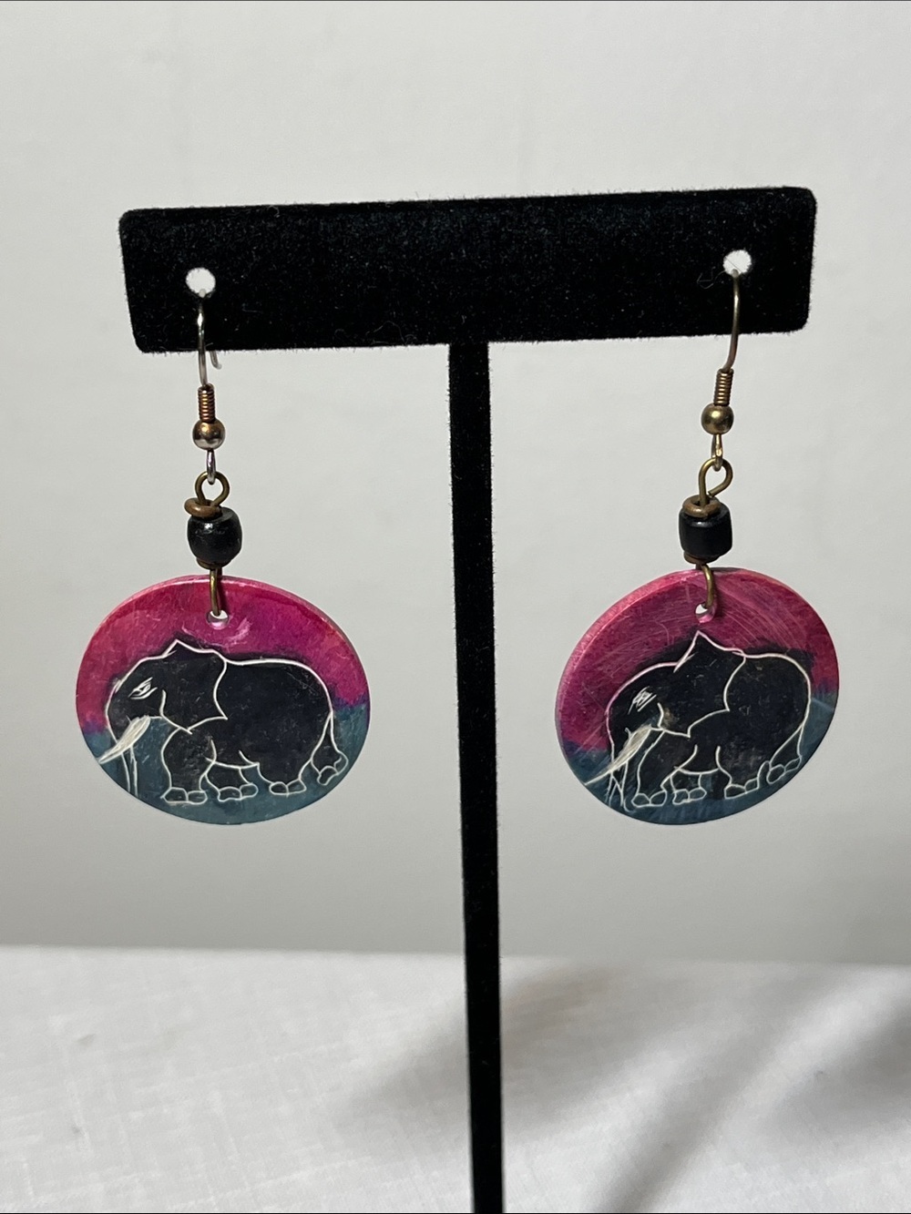 Handpainted Pink & Teal Elephant Drop Earrings